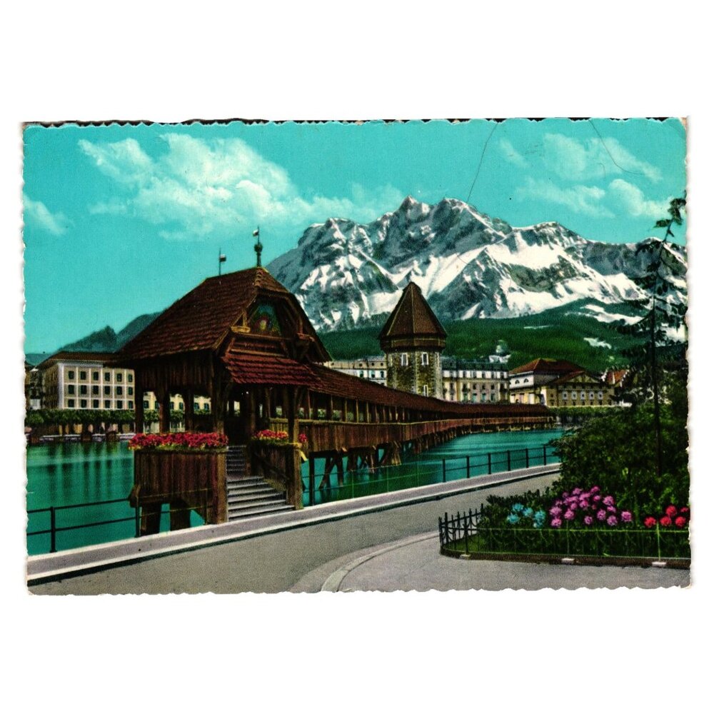 Vintage 1970 Swiss Postcard Lucerne Kapellbrücke Pilatus Mountain Scene Tourism